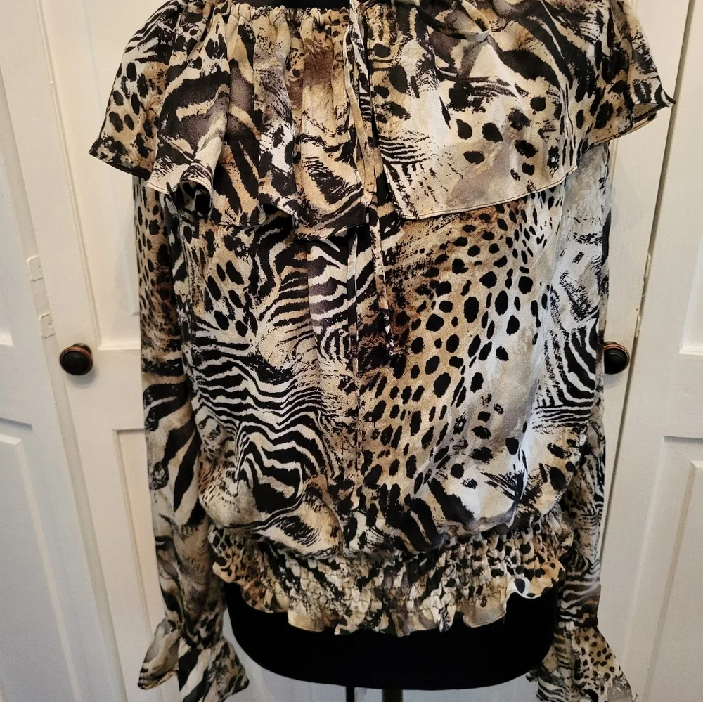 4/$19 Y2k Sheer Animal Print On/Off Shoulder Blouse Smocked Bottom Going Out - Picture 6 of 8